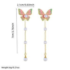 Pink and green gradient butterfly earrings with pearl tassels and size dimensions
