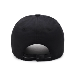 Rear view of black quick-dry baseball cap with adjustable buckle for outdoor sports
