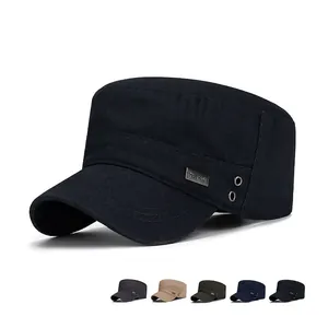 Men Cotton Flat Top Cadet Cap Military Style Outdoor Casual Sunshade Breathable Adjustable Metal Label Solid Color Hat
