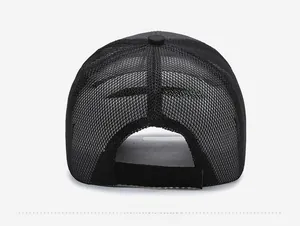 Rear view of black breathable mesh baseball cap featuring an adjustable back strap