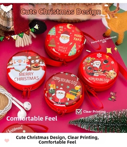 Close-up of four red round Christmas EVA storage cases with cartoon Santa and deer patterns