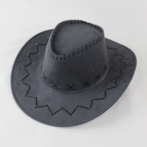 Detail view of dark grey western cowboy hat with black X-shaped stitching and air vents