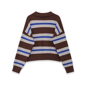 Detail of retro polo neck sweater featuring brown, grey and blue horizontal stripes