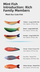 Detailed size comparison and weight specs for various simulation catnip fish toy styles