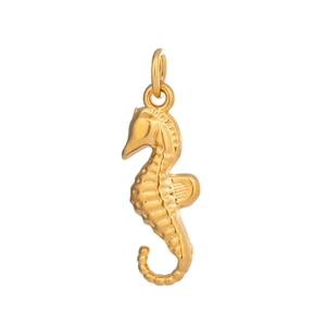 Detailed macro view of 18K gold-plated seahorse pendant with fine metallic texture