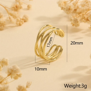 Detail showing 18K gold plated textured ring dimensions and weight 3g on a warm background