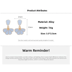 Detail specifications of blue petal earrings featuring alloy material and silver needle