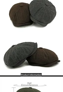 Detail view of herringbone newsboy caps showing stitching and head circumference guide