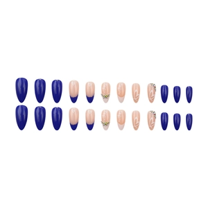 Blue almond press-on nails with heart designs and rhinestones set of 24 pieces