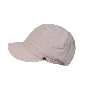 Khaki cotton octagonal newsboy hat with long brim and vintage metal logo detail