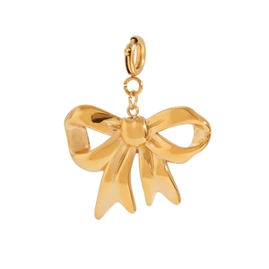 Detailed macro view of golden stainless steel bow pendant with round spring clasp