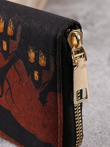 Cork long wallet with Halloween pumpkin pattern and durable gold zipper closure