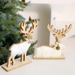 Nordic wooden Christmas reindeer ornaments with faux fur and bells for home decor