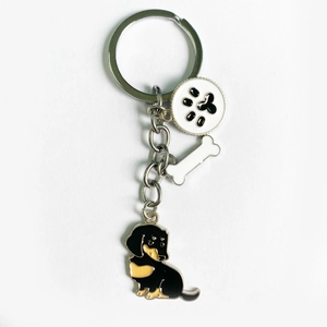 American style enamel dachshund metal keychain with bone and paw print charms