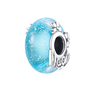 Luminous light blue glass bead charm with silver metal flower design and Magic engraving