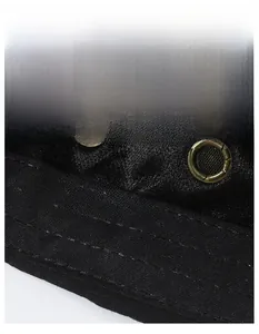 Detail of moisture-wicking sweatband and metal ventilation eyelets on a black denim hat