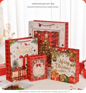 Set of Christmas paper gift bags with Merry Christmas lettering and red rope handles