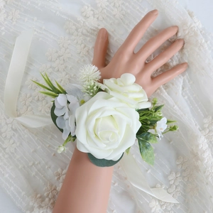 White Artificial Satin Rose Boutonniere And Wrist Corsage For Wedding Party Prom Bride Groom Bridesmaid Accessories