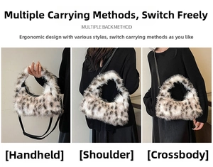 Detailed views of leopard print plush handbag showing crossbody and shoulder wear styles