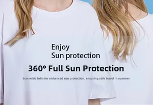 Detail of white sun hat with 6cm wide brim for all-around UV protection outdoors
