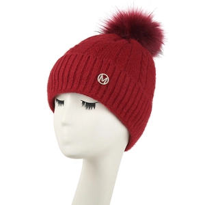 Bonnet En Tricot Pour Femme Doublure Polaire Chaud Hiver Avec Pompon En Fausse Fourrure Et Badge Lettre M En Strass