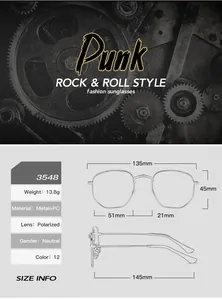 Detailed dimension chart showing frame width, lens size, and bridge of metal sunglasses
