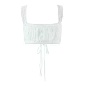 White lace trim camisole top with pleated bust and drawstring hem on white background