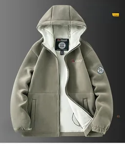 Close-up of khaki fleece jacket featuring hood, zipper and Norway flag embroidery