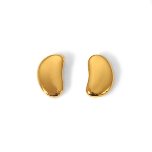 Polished gold bean-shaped stainless steel stud earrings set on a clean white background