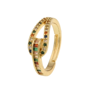 Elegant gold-plated open ring with multi-color zircon stones on a white background