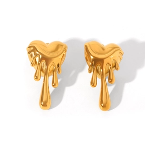 Macro shot of molten-style gold-plated heart earrings with a fluid lava design texture