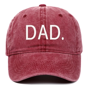 Close-up of burgundy washed cotton baseball cap with white DAD embroidery detail