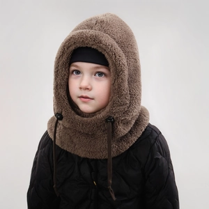 Detail of children's thick fleece hood with adjustable drawstring and plush brown faux fur