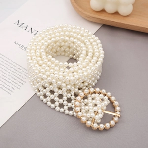 Elegant Women Wide Artificial Pearl Woven Elastic Belt Multi Row Imitation Artificial Pearl Waist Chain For Dress Wedding Party Vintage Accessory