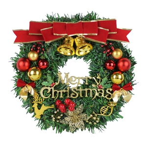 Christmas wreath with red and gold baubles, bells, and Merry Christmas sign on white background