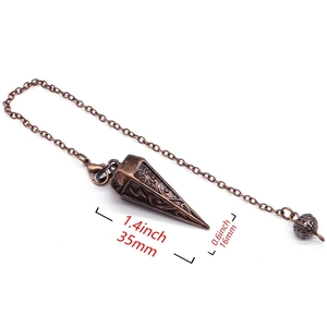 Detail showing dimensions of bronze hexagonal cone pendulum with engraved patterns