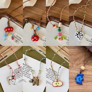 Handmade Woven Necklace With Seed Beads And Acrylic Flower Apple Pendant Cartoon Cute Clavicle Chain For Women Girls Fashion Accessories