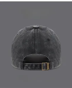 Close-up of vintage washed grey cotton baseball cap with adjustable metal back buckle