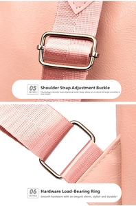 Detailed view of pink lychee leather with adjustable strap and silver metal hardware buckle