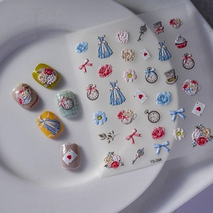 3D embossed nail art stickers with vintage princess dress, floral and pocket watch motifs