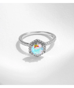 Macro detail of S925 silver ring featuring hexagonal gradient colored zircon stones
