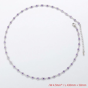 Detail view of silver necklace with purple crystals, 4.5mm width and lobster clasp closure