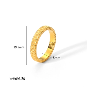 Detail shot of 18K gold plated stainless steel ring with dimensions and texture