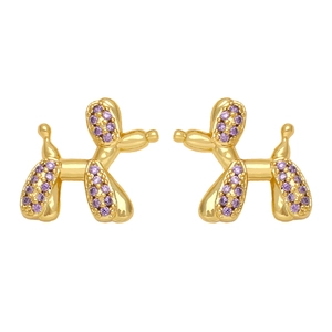 Cute golden balloon dog stud earrings with purple crystals in a pop art style design
