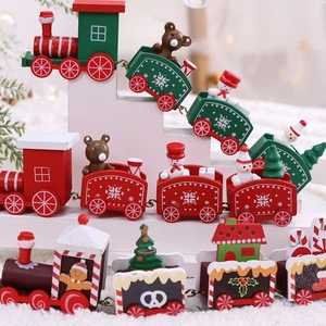 Classic wooden Christmas train decor with snowman and elk figurines for festive home display