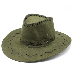 Detail view of olive green cowboy hat with decorative X-shaped stitching and ventilation eyelet