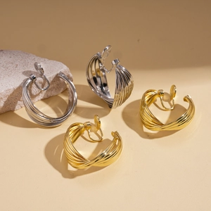 Twisted metallic hoop clip-on earrings in gold and silver finish for non-pierced ears