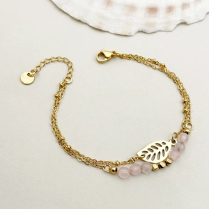 Bracciale a doppio strato in acciaio inossidabile dorato con perline rosa e ciondolo foglia