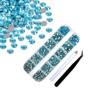 Blue nail art flatback rhinestones set with clear organizer box, pen and tweezers