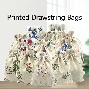 Floral print cotton drawstring bags with leaf patterns for gift packaging and sachets